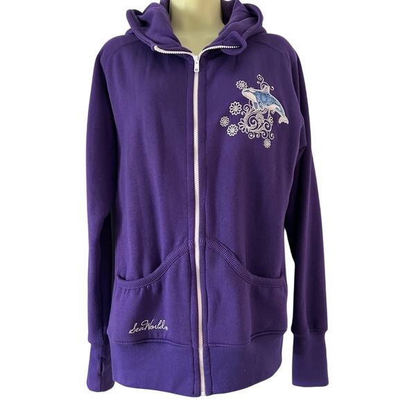SeaWorld Sweatshirt Hoodie Jacket Purple Orca Shamu Embellished Woman’s Sz L - Picture 1 of 12